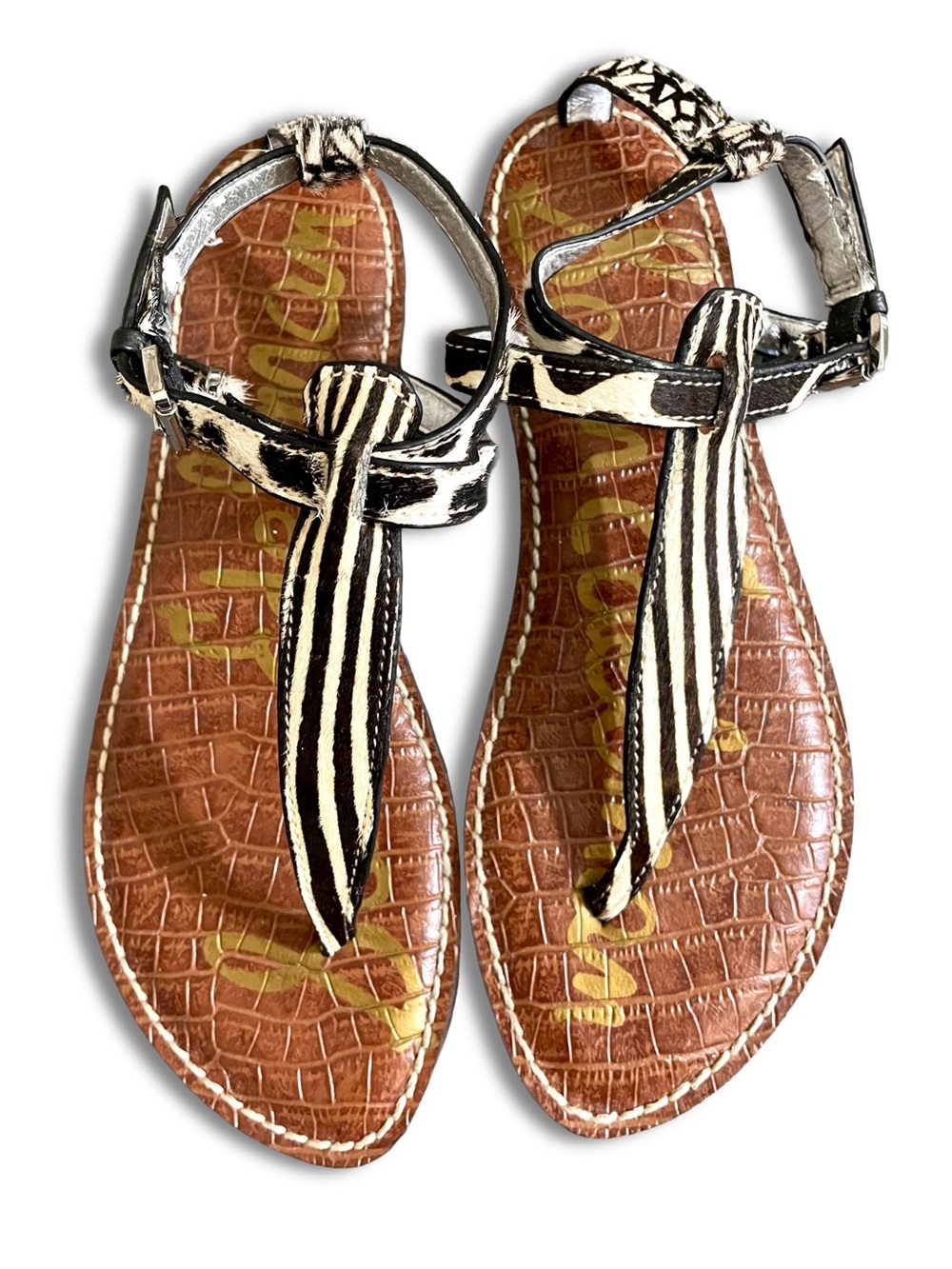 Vintage Sam Edelman Gigi Thong Sandal Zebra Print Cowhide Leather Y2K Size 7